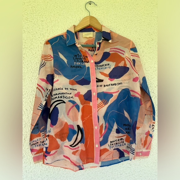 Rare Sezane Pierro button Shirt in Femme silk blue red pink FR36 - Picture 2 of 5